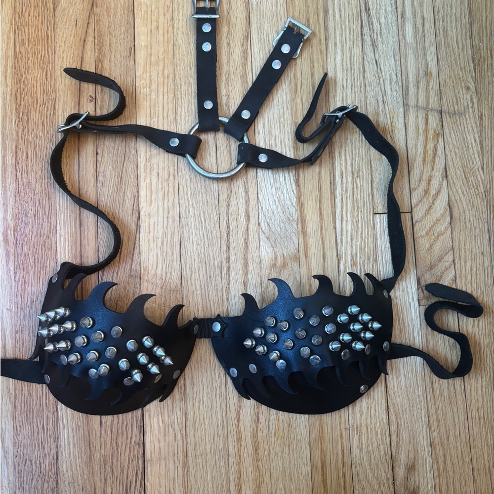 Black Studded Leather Harness Bra